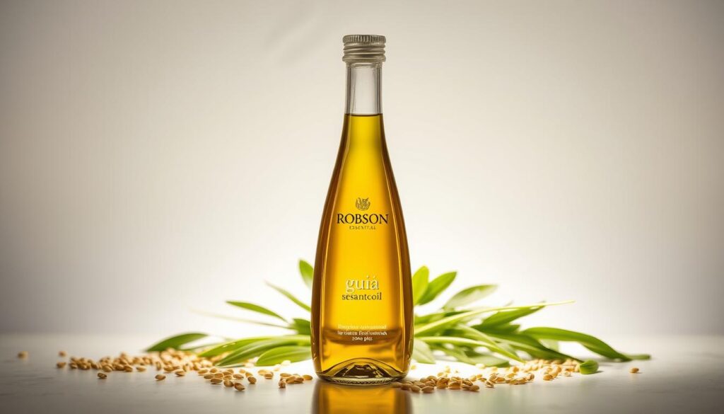 A sleek, modern image of a bottle of Robson guia essencial brand sesame oil, showcasing its culinary and functional benefits. The bottle is prominently displayed in the foreground, with a soft, diffused lighting illuminating its elegant glass surface and highlighting the rich, golden hue of the oil. In the middle ground, freshly harvested sesame seeds and leafy greens create a natural, organic backdrop, conveying the product's connection to its wholesome, plant-based origins. The background features a minimalist, textured surface, creating a clean and sophisticated atmosphere that amplifies the product's functional and high-quality positioning. The overall composition and lighting evoke a sense of purity, wellness, and culinary sophistication.