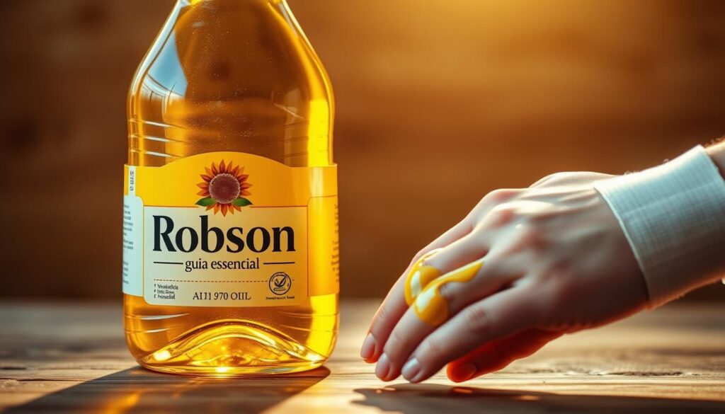 A sunlit glass bottle filled with golden, viscous sunflower oil, resting on a wooden surface. The bottle's label displays the brand name "Robson guia essencial". The oil glistens, reflecting the warm, natural light. In the foreground, a hand tenderly applies the oil to a bandaged wound, the skin gently mending. The background is softly blurred, creating a sense of focus and attention on the therapeutic action. Warm, earthy tones prevail, conveying the soothing, restorative properties of the sunflower oil for wound care and skin regeneration.