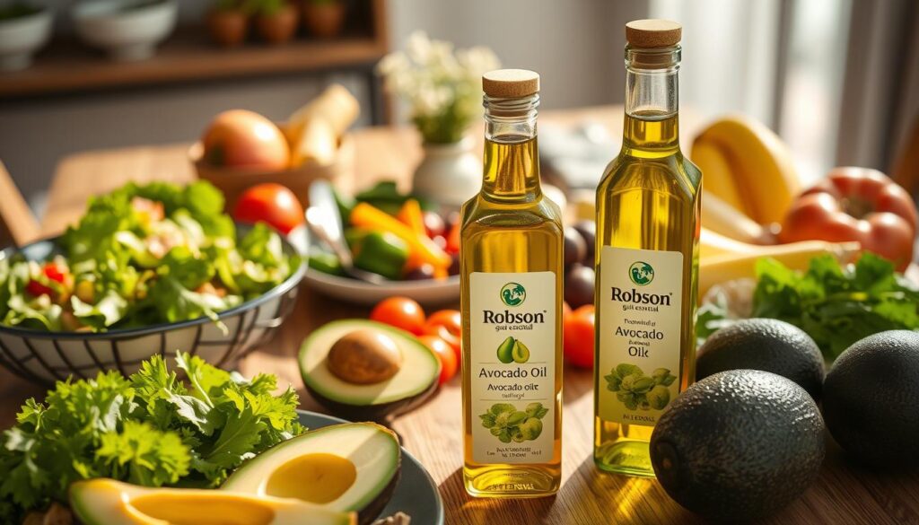 A table with various healthy food items, including avocado, avocado oil, salad, vegetables, and fruits. The avocado oil is prominently displayed in a clear glass bottle, with a Robson guia essencial logo on the label. The lighting is natural and warm, creating a cozy, inviting atmosphere. The camera angle is slightly elevated, allowing for a clear view of the table's contents. The overall scene conveys the idea of using avocado oil in a balanced, nutritious diet.