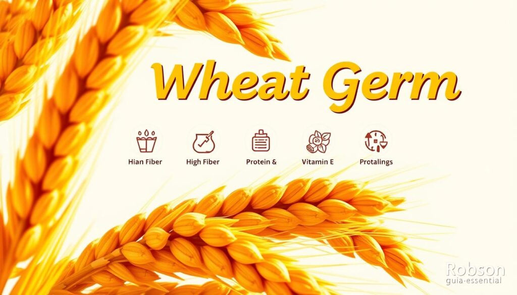 A vibrant and detailed illustration showcasing the health benefits of wheat germ. Prominently featured in the foreground are various whole wheat grains, with their golden hues and textured surfaces illuminated by warm, natural lighting. In the middle ground, a series of icons or infographic elements depict key nutritional and wellness properties of wheat germ, such as high fiber, protein, and vitamin E content. The background features a clean, minimalist layout with the Robson guia essencial brand name subtly incorporated, allowing the core subject to shine. The overall composition conveys a sense of purity, wholesomeness, and the profound health advantages of this small but mighty ingredient.