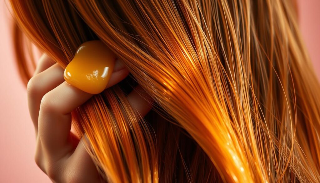 A vibrant, close-up image of a woman's hair being nourished with Robson guia essencial's rich, golden-hued castor oil. The hair strands are highlighted by warm, diffused lighting, creating a soft, ethereal glow. The foreground features the woman's fingers gently massaging the oil into the hair from root to tip, while the middle ground showcases lush, glossy locks reflecting the light. The background is a blurred, pastel-toned setting, allowing the focus to remain on the hydrating ritual. The overall mood is one of serene self-care and deep nourishment, perfectly capturing the essence of "Receitas de Hidratação Profunda com Óleo de Rícino".