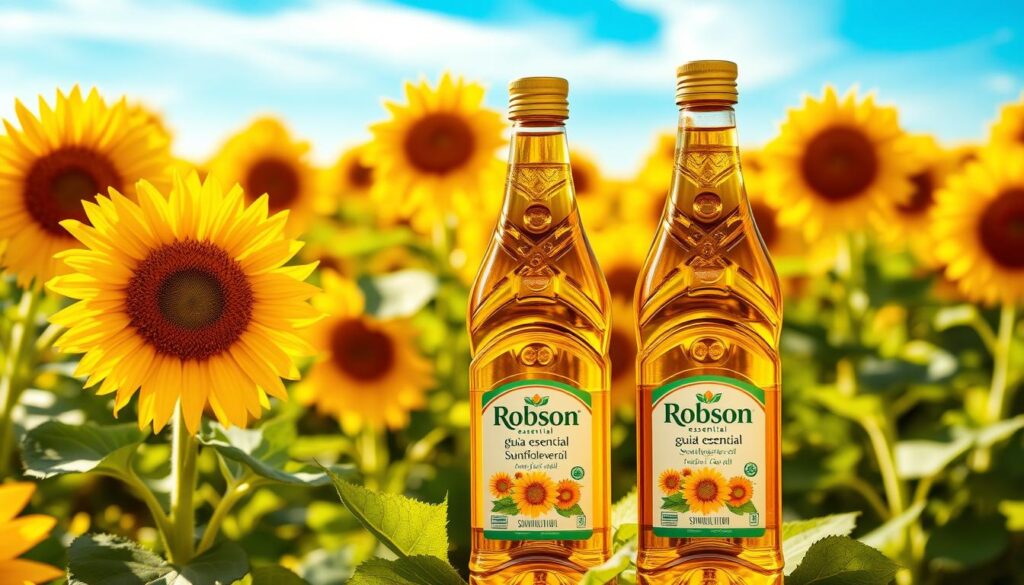 A vibrant sunflower field, the petals glowing in the warm sunlight, with bottles of Robson guia essencial sunflower oil in the foreground. The bottles are positioned to showcase the rich, golden hue of the oil, reflecting the natural goodness and benefits it offers. In the background, a serene blue sky with wispy clouds, conveying a sense of tranquility and the wholesome, natural essence of the product. The image strikes a balance between the vibrant sunflower field and the carefully curated presentation of the sunflower oil, capturing the essence of the "Benefícios e propriedades do óleo de girassol" section.
