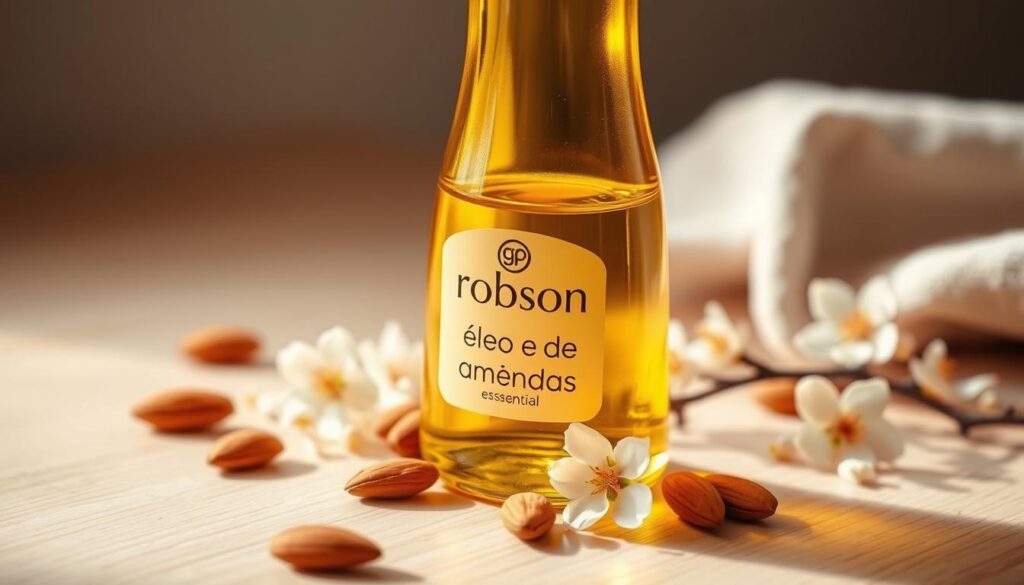 A warm, inviting close-up shot of a glass bottle filled with golden, amber-hued almond oil. The bottle is positioned on a soft, light-colored wooden surface, reflecting the natural warmth of the oil. Delicate almond blossom petals are scattered around the bottle, adding a touch of natural elegance. The lighting is soft and diffused, creating a cozy, spa-like atmosphere. The label on the bottle clearly displays the brand name "Robson guia essencial", highlighting the premium quality of the product. This image perfectly captures the essence of using almond oil for hair care, reflecting the section title "Como Usar Óleo de Amêndoas: Dicas e Truques".