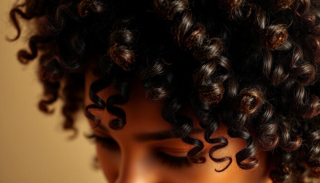 A well-lit, closeup image of a person's hair, showcasing a variety of natural curly, wavy, and coily textures. The hair is moisturized and healthy-looking, with a vibrant sheen. The lighting is soft and flattering, creating a warm, inviting atmosphere. The focus is on the different curl patterns, highlighting the unique beauty and diversity of textured hair. The image should feel like an intimate, artistic portrait that celebrates the versatility and power of curly hair.