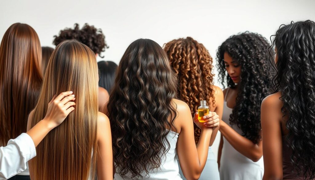 A well-lit studio scene featuring a variety of hair types, from straight to curly, coily to wavy, showcasing the benefits of sesame oil for hair health and growth. In the foreground, a woman with long, shiny, healthy hair applies the oil to the ends, while in the middle ground, another model with tightly coiled natural hair smooths the oil through the strands. In the background, a diverse array of hair textures and lengths are visible, each being nourished by the sesame oil. The lighting is soft and diffused, highlighting the luster and vibrance of the hair. The overall mood is serene and educational, conveying the versatility and efficacy of sesame oil for all hair types.