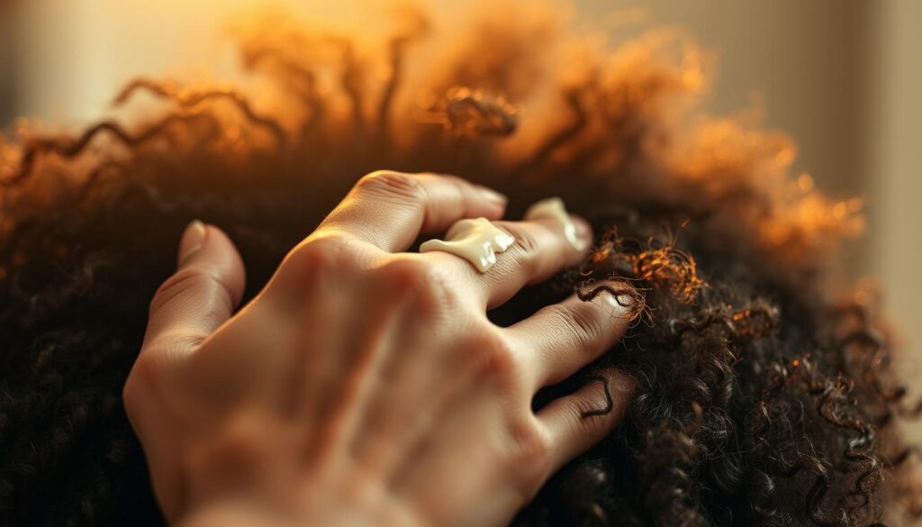 Detailed close-up of a person's hand applying a curl activating hair product to strands of curly hair, with a soft focus on the scalp and hair. Warm, golden lighting from above illuminates the scene, creating a natural, serene atmosphere. The product is being gently massaged into the hair, with a focus on technique and attention to detail. The background is blurred, keeping the focus on the application process. The image should convey the importance of proper application methods for achieving the best results with a curl activating hair product.