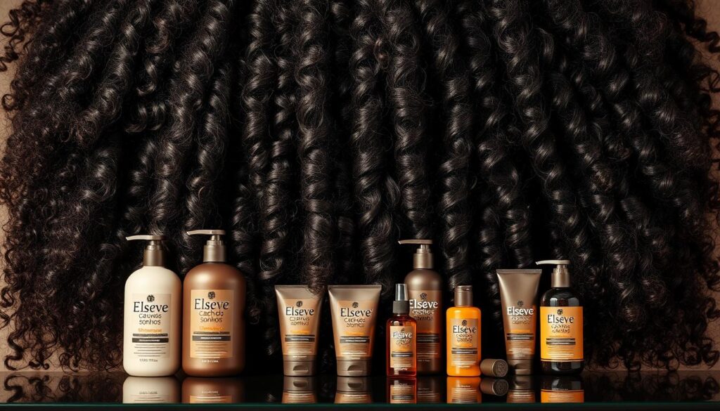 Luscious, voluminous curly hair cascading down the frame, showcasing a range of curl patterns and textures. The hair is highlighted with natural-looking lighting, reflecting the shine and bounce of healthy, well-cared-for locks. The mid-ground features a carefully selected array of Elseve Cachos dos Sonhos hair care products, including shampoo, conditioner, and leave-in treatments, all positioned to highlight their key features. The background is a soft, out-of-focus, neutral tone, allowing the hair and products to take center stage. The overall scene conveys a sense of efficacy, quality, and the transformative power of the Elseve Cachos dos Sonhos system.