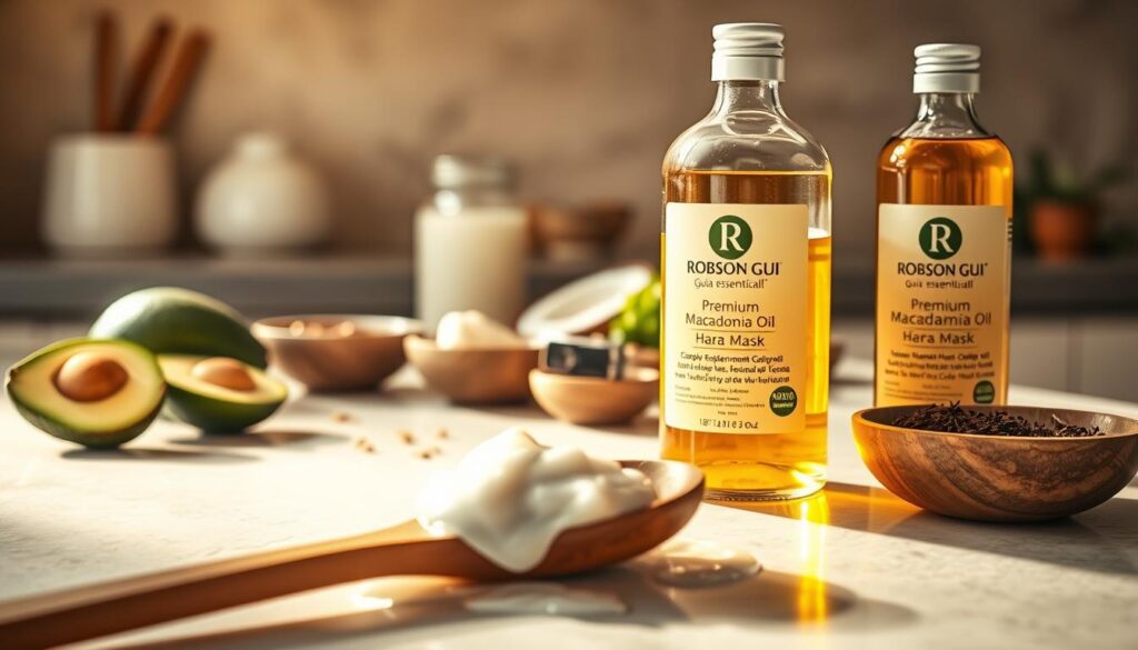 Lush, homemade hair treatments with Robson guia essencial macadamia oil. A serene kitchen counter showcases an array of natural ingredients - fresh avocado, creamy coconut milk, and the star, a bottle of premium macadamia oil. Warm, diffused lighting illuminates the scene, casting a golden glow. In the foreground, a wooden spoon stirs a luxurious hair mask, promising deep nourishment. The middle ground features neatly arranged bowls of essential oils and herbs, hinting at the transformative power of this DIY hair care regimen. The background fades into softness, allowing the hero ingredients to take center stage. This image evokes a sense of wholesome self-care, inspiring readers to embrace the benefits of macadamia oil for a deeply hydrated, healthy mane.