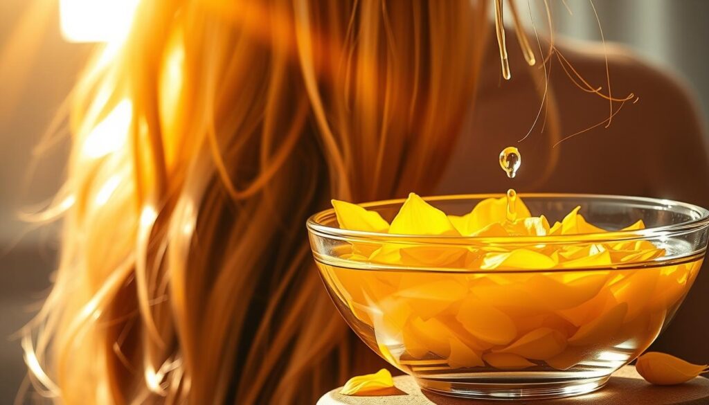 Lush, sun-kissed hair cascading down the frame, a warm, inviting ambiance fills the scene. In the foreground, a glass bowl brimming with vibrant yellow sunflower petals and rich, golden sunflower oil, ready to be transformed into a nourishing homemade hair treatment. Delicate strands of hair glisten as the sunlight filters through a window, illuminating the effortless beauty of this natural, wholesome remedy. The overall composition exudes a sense of simplicity, wellness, and the allure of DIY self-care, perfectly capturing the essence of "Receitas Caseiras com Óleo de Girassol para Cabelos".
