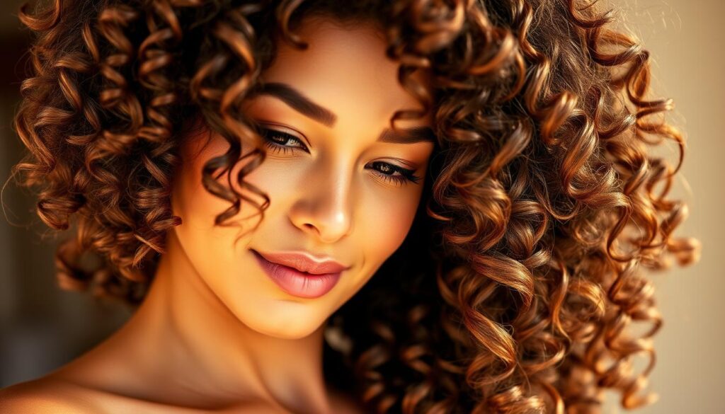 Soft, hydrated curls gently cascading over a model's shoulders, showcasing the flawless application of Pantene finishers. The lighting is warm and natural, highlighting the shine and definition of the hair. The background is blurred, keeping the focus on the subject's beautiful curls. The model's expression is serene, conveying the confidence and salon-quality results achieved through the Pantene hair care regimen. A close-up angle emphasizes the intricate details of the curl patterns and the healthy, frizz-free finish. The overall mood is one of effortless beauty and salon-worthy styling.