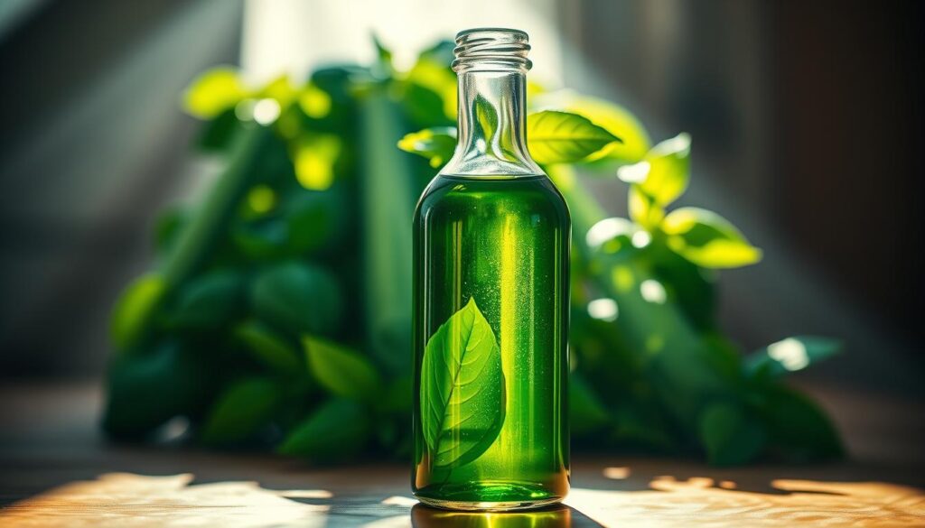 A beautifully lit close-up of a glass bottle filled with deep green essential oil of basil, standing on a wooden table. Sunlight streams through a window, casting warm, soft shadows and highlights on the bottle's surface, enhancing the natural color and clarity of the oil. In the background, lush basil leaves are arranged in an artistic display, complementing the main subject. The overall composition evokes a sense of natural wellness and homely comfort, suitable for an article on the domestic uses of basil essential oil.