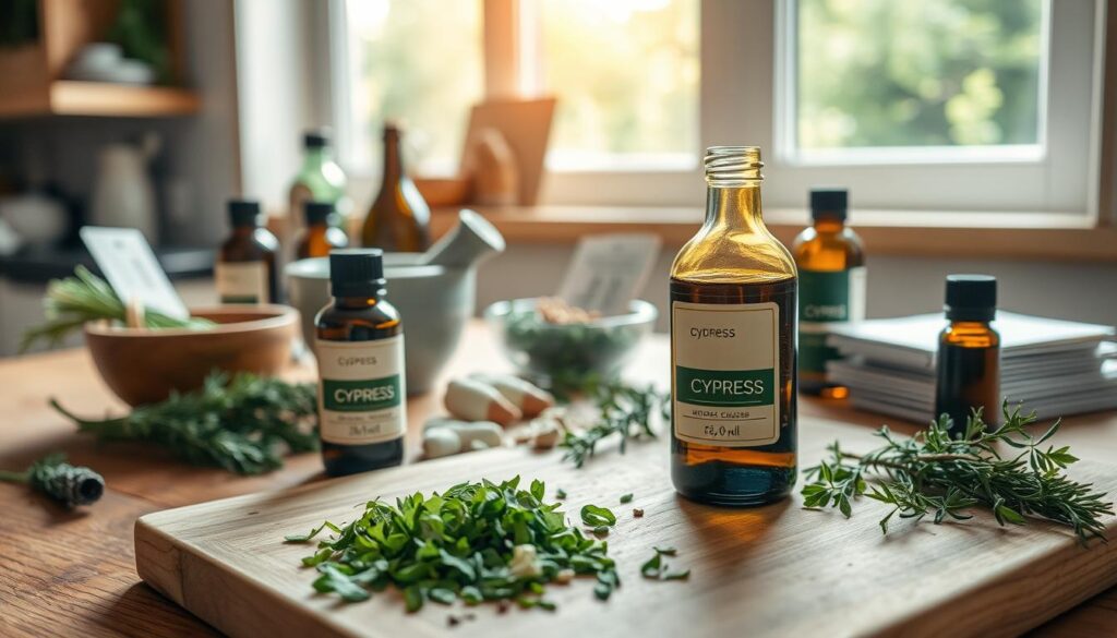 A beautifully lit kitchen scene with various essential oil bottles and natural ingredients neatly arranged on a wooden table. In the foreground, a cutting board with freshly chopped cypress leaves, herbs, and spices. Behind it, a glass bottle of pure cypress essential oil, its label prominently displayed. In the middle ground, a mortar and pestle, a mixing bowl, and a small stack of recipe cards. In the background, a window overlooking a lush, verdant garden, casting a warm, natural light across the scene. The overall mood is one of calm, wellness, and culinary exploration, inviting the viewer to discover practical, homemade recipes using the versatile cypress essential oil.