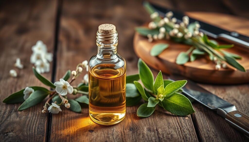 A beautifully lit still life composition showcasing a glass bottle filled with golden-hued essential oil of sage, accompanied by fresh sage leaves and sprigs, delicate white flowers, and a cutting board with a knife, all arranged on a rustic wooden table. The lighting casts a warm, inviting glow, highlighting the natural tones and textures of the ingredients. The scene conveys the essence of using sage essential oil in culinary applications, with a sense of elegance and sophistication.
