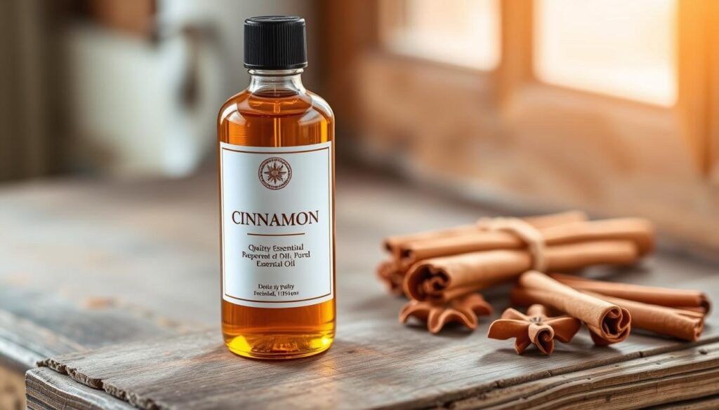 A bottle of high-quality cinnamon essential oil sits prominently on a rustic wooden surface, its amber liquid catching the warm, diffused light from a window. The bottle's elegant, minimalist label highlights the purity and provenance of the oil. In the background, a sprig of fresh cinnamon sticks adds a natural, earthy accent, while a few whole cinnamon pods lend an inviting aroma. The scene conveys a sense of artisanal craftsmanship and the thoughtful curation of a premium, versatile ingredient for culinary and wellness applications.