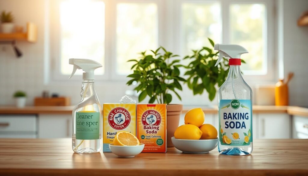 A bright, airy kitchen interior with a cheerful, natural atmosphere. In the foreground, an assortment of household cleaning supplies - glass cleaner, all-purpose spray, baking soda, and lemon - arranged neatly on a wooden countertop. In the middle ground, a potted mint plant and a bowl of fresh lemons, hinting at the natural ingredients used for cleaning. The background features large windows letting in warm, diffused sunlight, and a minimalist tiled backsplash. The overall scene conveys a sense of eco-friendly, sustainable living.
