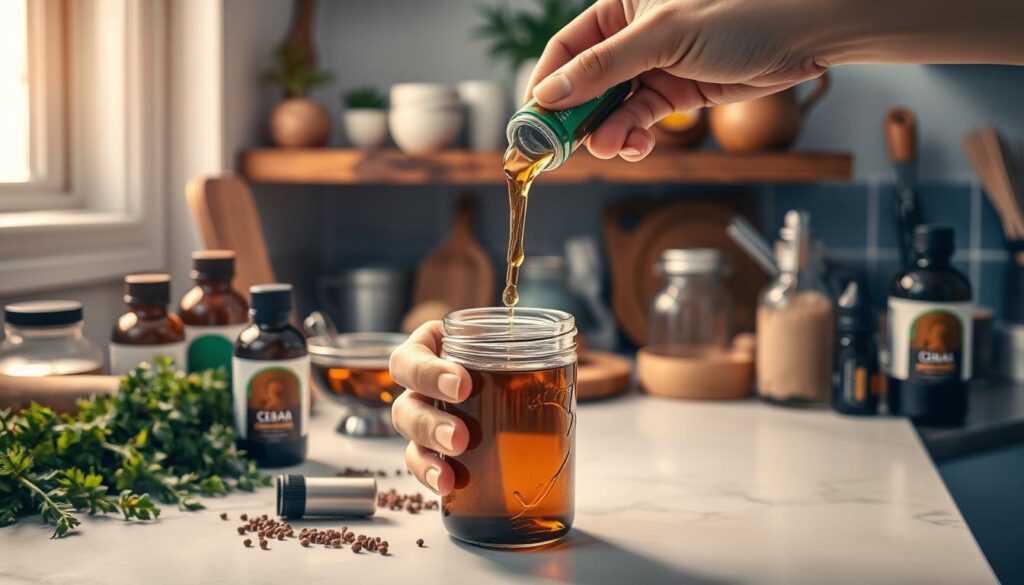 A clean, well-lit kitchen countertop with various essential oil bottles, including a prominent cedar oil bottle, surrounded by fresh herbs, spices, and cooking utensils. In the foreground, hands carefully measuring and pouring the cedar oil into a glass jar, while in the background, a rustic wooden shelf displays other natural ingredients. The lighting is warm and inviting, creating a cozy, homemade atmosphere. The composition emphasizes the simplicity and practicality of natural, essential oil-infused recipes.