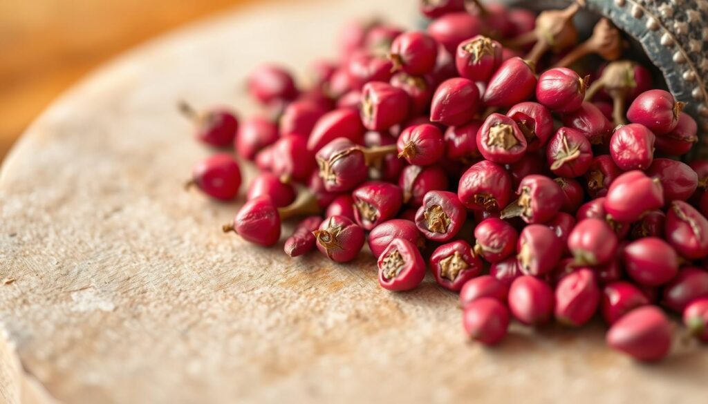 A close-up of a cluster of fresh pink peppercorns, their vibrant fuchsia hues accentuated by soft, warm lighting. The peppercorns are arranged on a neutral, textured surface, perhaps a wooden cutting board or a stone mortar, creating a sense of rustic, artisanal charm. The image has a shallow depth of field, allowing the peppercorns to be the focal point, while the background is softly blurred, maintaining the attention on the essential oil's key ingredient. The overall mood is one of inviting warmth, natural simplicity, and the allure of aromatic, culinary botanicals.