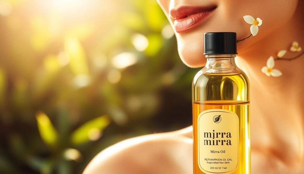 A close-up of a woman's radiant, glowing skin, illuminated by soft, diffused lighting. In the foreground, a glass bottle containing a golden, aromatic mirra oil, its label prominently displayed. The skin texture appears smooth and supple, with a healthy, luminous sheen. In the background, a serene, natural setting with lush greenery and delicate floral accents, evoking a sense of tranquility and wellness. The overall composition emphasizes the rejuvenating and beautifying properties of mirra oil for the skin, creating an inviting and aspirational visual.