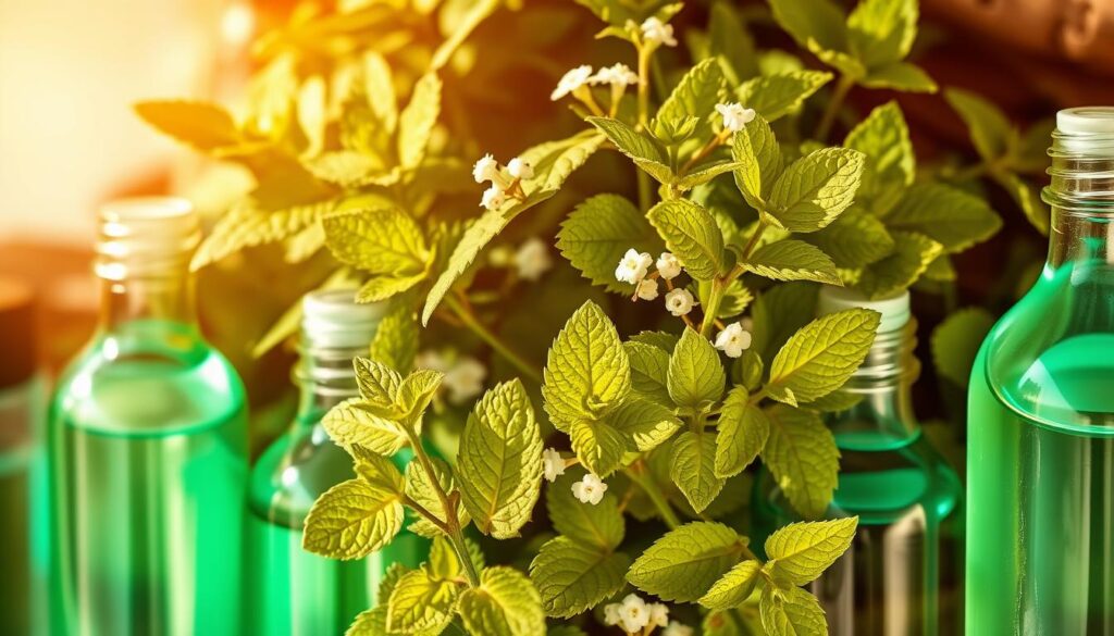 A close-up of an organic mint plant, with vibrant green leaves and delicate white flowers, surrounded by glass bottles filled with transparent mint-colored liquid. The image is bathed in warm, natural lighting, casting a soft, inviting glow. The bottles are arranged artfully, showcasing the essential oil's brilliant hue and reflecting the plant's lush foliage. The overall composition suggests the versatility and purity of homemade mint-based cleaning products.