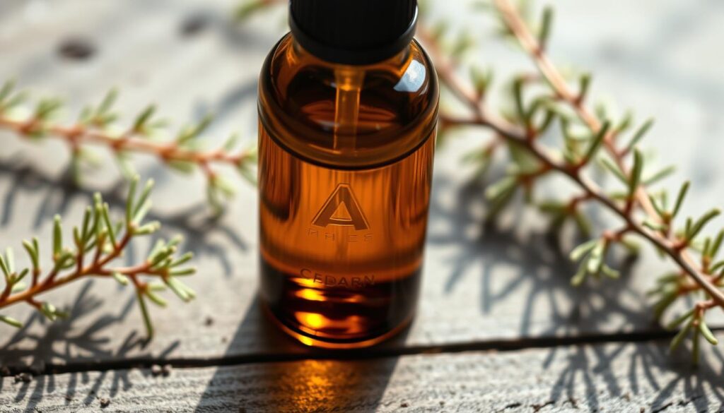 A close-up photograph of a glass bottle filled with clear, golden-hued cedar essential oil, positioned on a rustic wooden table. The bottle has a sleek, minimalist design with a dropper cap. The lighting is soft and natural, creating subtle shadows that accentuate the texture and depth of the oil. The background is slightly blurred, allowing the bottle to be the focal point, surrounded by a few scattered cedar branches with delicate, green leaves. The overall atmosphere is one of simplicity, authenticity, and the natural, soothing properties of the cedar essential oil.