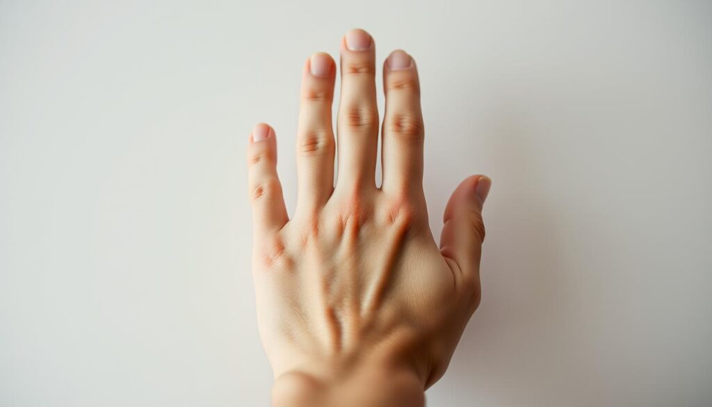 A close-up photograph of a person's hand undergoing a skin sensitivity test. The hand is placed on a neutral-colored background, with the palm facing up and the fingers gently spread. The lighting is soft and diffused, creating an even, natural-looking illumination that accentuates the texture and contours of the skin. The angle of the shot is slightly elevated, allowing the viewer to observe the test process from a slightly overhead perspective. The mood is one of clinical precision and scientific inquiry, with a sense of care and attention to detail.