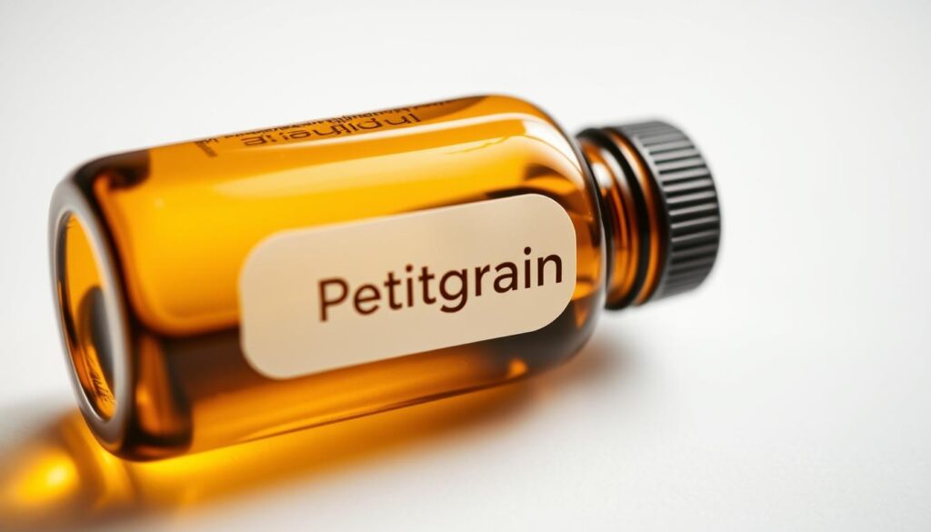 A close-up photograph of a small amber glass bottle filled with a clear, golden liquid, likely petitgrain essential oil. The bottle is positioned on a white background, with soft, diffused lighting illuminating the liquid and creating a warm, natural glow. The label on the bottle is clean and minimalist, showcasing the name "Petitgrain" in a simple font. The overall composition has a sense of simplicity and purity, reflecting the natural and therapeutic qualities of the essential oil.