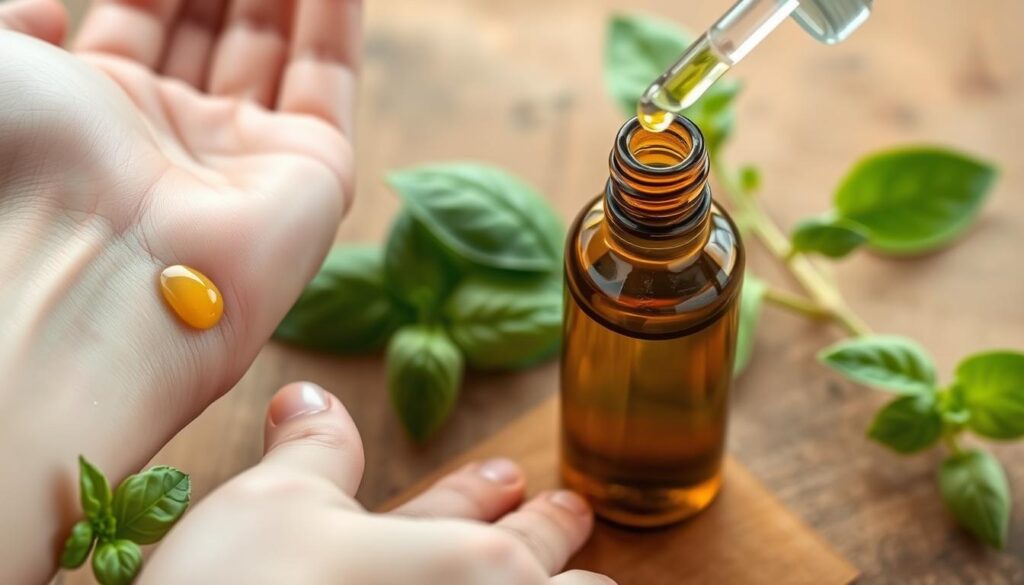 A close-up photograph of various topical applications of fresh green basil essential oil. In the foreground, a hand gently massages a small amount of the oil into the skin of the inner wrist. In the middle ground, a glass dropper dispenses a few drops of the oil onto the fingertips. In the background, an open bottle of the pure, amber-colored basil oil stands on a wooden surface, along with a sprig of fresh basil leaves. The lighting is soft and natural, creating a serene, spa-like atmosphere. The image conveys the soothing, therapeutic nature of using basil essential oil topically.
