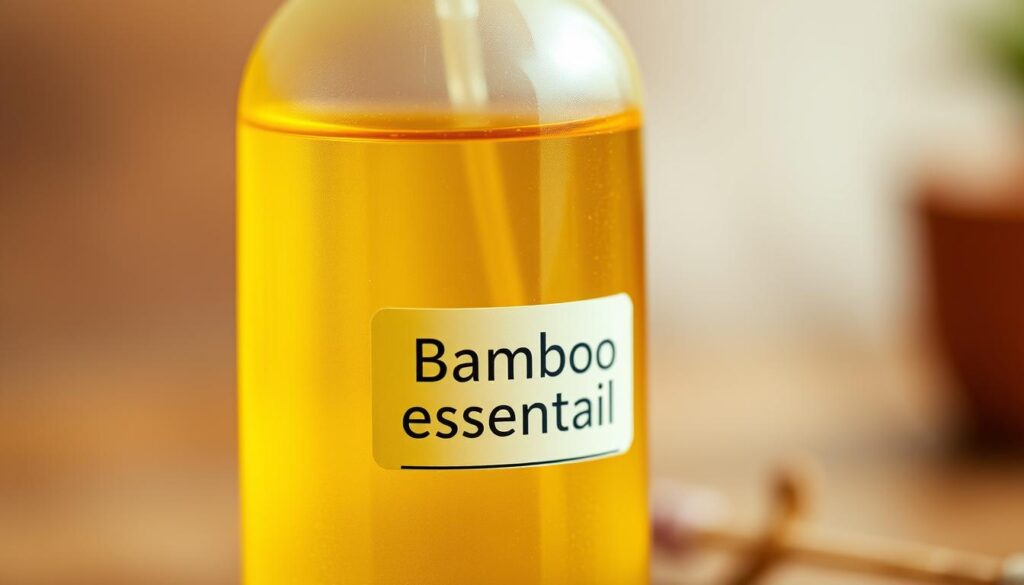 A close-up shot of a bottle containing golden, translucent bamboo essential oil. The bottle is made of frosted glass, allowing the oil's vibrant color to shine through. The label on the bottle features a minimalist design with the name "Bamboo Essential Oil" prominently displayed. The background is slightly blurred, creating a sense of depth and focus on the bottle. The lighting is warm and soft, highlighting the natural, earthy tones of the bamboo oil. The overall composition conveys a sense of purity, natural wellness, and the nourishing properties of this hair care product.
