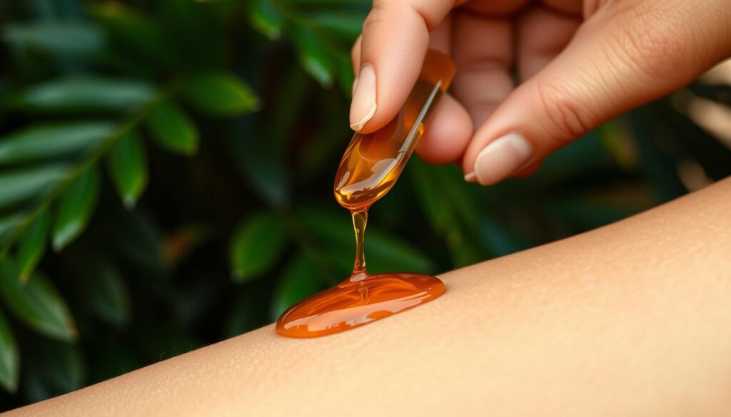 A close-up shot of a hand applying a thick, amber-colored copaiba oil onto the skin, with a background of lush, tropical foliage. The lighting is warm and soft, creating a soothing, natural ambiance. The image captures the rich, earthy texture of the oil as it is gently massaged into the skin, highlighting its practical, topical applications. The composition emphasizes the simplicity and efficacy of this natural remedy, inviting the viewer to imagine the therapeutic benefits of this versatile botanical.