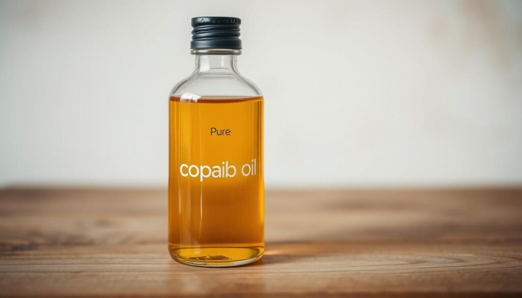 A close-up still life photograph of a glass bottle containing pure copaiba oil. The bottle is placed on a wooden table with a natural, neutral background. The lighting is soft and diffused, creating a warm, inviting atmosphere. The glass bottle is transparent, allowing the golden-amber hue of the copaiba oil to be clearly visible. The bottle is positioned at a slight angle, showcasing the viscosity and density of the oil. The overall composition is simple and minimalist, allowing the quality and purity of the copaiba oil to be the focal point.