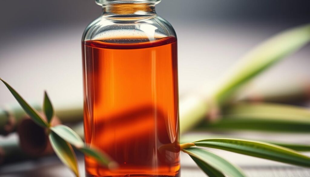 A close-up view of a glass bottle filled with amber-colored essential oil, with bamboo stalks and leaves arranged artfully around it. The lighting is soft and diffused, creating a warm, natural atmosphere. The camera angle is low, emphasizing the bottle and the surrounding bamboo elements. The focus is sharp on the essential oil, drawing the viewer's attention to its purity and concentration. The overall composition conveys a sense of tranquility and the soothing benefits of bamboo essential oil.
