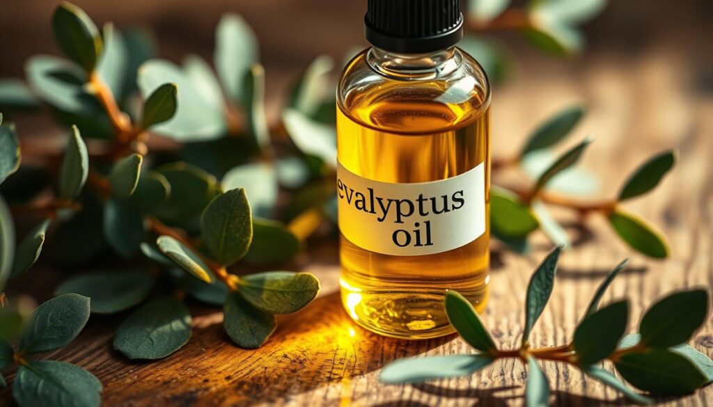 A close-up view of a glass bottle filled with golden-hued essential oil, its label prominently displaying the text "eucalyptus oil". The bottle is positioned on a rustic wooden surface, surrounded by scattered eucalyptus leaves and branches, casting soft, natural shadows. The lighting is warm and diffused, creating a serene, spa-like atmosphere. The overall composition emphasizes the pure, therapeutic nature of the eucalyptus oil, inviting the viewer to imagine its soothing, aromatic properties and potential topical applications.