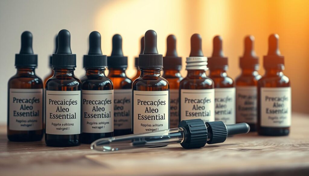 A close-up view of various essential oil bottles and dropper pipettes, arranged on a wooden surface. The bottles are labeled with the text "Precauções Óleo Essencial" to signify the cautionary message. Soft, warm lighting illuminates the scene, casting subtle shadows and highlights the elegant glass containers. The composition is balanced, with the bottles strategically positioned to create a sense of depth and visual interest. The overall mood is one of thoughtfulness and attention to detail, reflecting the importance of understanding the proper use and precautions associated with essential oils.