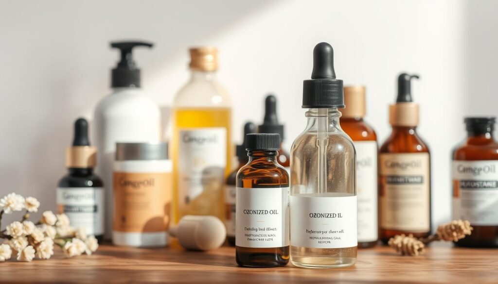 A close-up view of various skincare products arranged on a wooden surface, including a bottle of ozonized oil. The lighting is soft and diffused, creating a serene, natural atmosphere. The products are displayed against a plain white background, allowing them to take center stage. The composition emphasizes the importance of using ozonized oil with caution, highlighting the need for understanding potential side effects and proper application techniques. The overall mood conveys a sense of thoughtful consideration and care when incorporating ozonized oil into one's skincare routine.