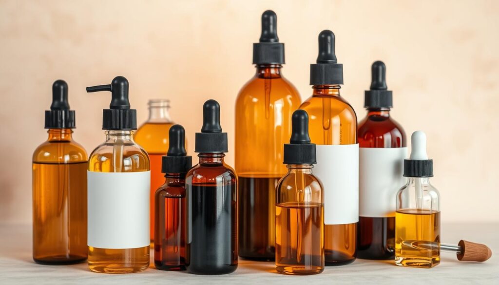A collection of glistening, amber-hued carrier oils arranged in a visually appealing still life. The oils are presented in a range of glass bottles, with droppers and pipettes, against a soft, neutral background. Warm, diffused lighting casts a gentle glow, accentuating the translucent quality of the liquids. The overall composition exudes a sense of natural, organic beauty, inviting the viewer to explore the versatile applications of these nourishing carrier oils.