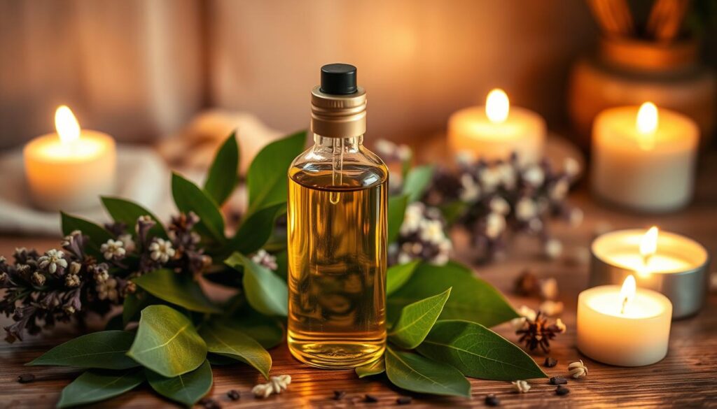 A cozy aromatherapy scene featuring a beautiful glass bottle filled with pure melaleuca essential oil. The bottle is placed on a wooden surface, surrounded by a scattering of fresh melaleuca leaves, dried flowers, and a few candles casting a warm, natural glow. The overall atmosphere is calming, inviting, and evocative of the soothing, cleansing properties of melaleuca. Soft, diffused lighting highlights the vibrant green of the leaves and the amber hue of the oil, creating a serene, spa-like ambiance. The composition is well-balanced, with the essential elements arranged in a visually pleasing manner to showcase the benefits of melaleuca aromatherapy.
