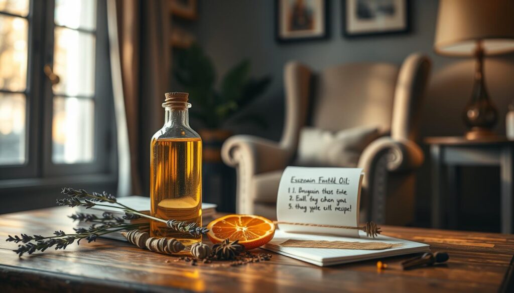 A cozy, dimly lit room with a serene atmosphere. In the foreground, a glass bottle filled with golden-hued essential oil of benzoin sits atop a wooden table, accompanied by a stack of handwritten recipe cards. Surrounding the bottle, an arrangement of natural elements - sprigs of lavender, dried citrus slices, and a sprinkling of whole spices - evoke the soothing, aromatic nature of the oil. The middle ground features a plush, inviting armchair, perfect for relaxation, while the background showcases a softly blurred window, allowing warm, natural light to filter in and create a tranquil, calming ambiance. The overall scene conveys a sense of serenity and wellness, inviting the viewer to imagine the restorative benefits of using benzoin essential oil in DIY self-care rituals.