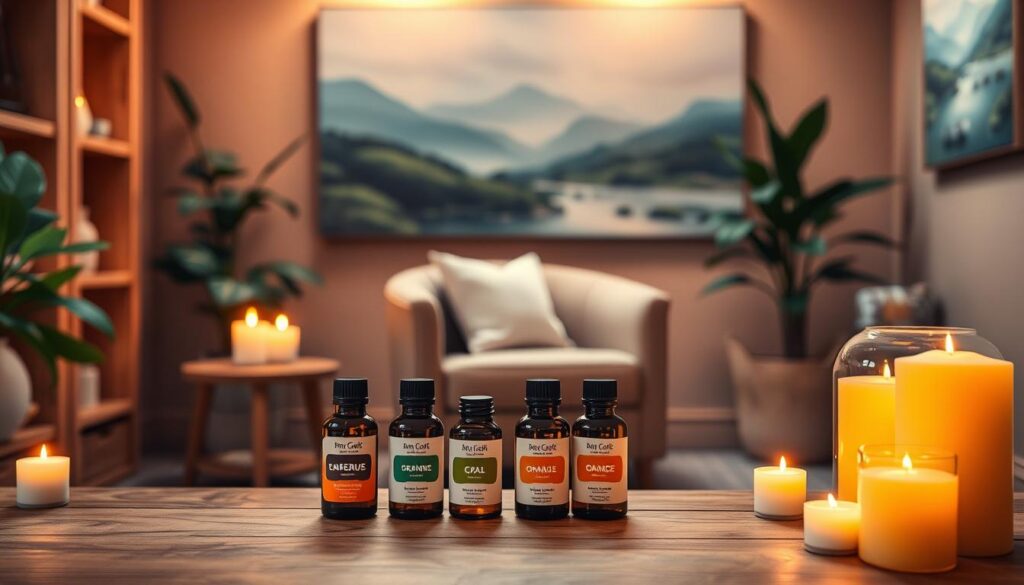 A cozy, inviting scene of an aromatherapy spa, bathed in warm, soft lighting. In the foreground, a collection of essential oil bottles sits atop a wooden table, their labels showcasing the citrus scent of sweet orange. Candles flicker, casting a tranquil glow throughout the space. In the middle ground, a plush armchair invites visitors to sink in and unwind, while a lush potted plant in the corner adds a touch of natural serenity. The background depicts a serene landscape painting, hinting at the restorative power of nature. The overall atmosphere evokes a sense of profound calm and mental well-being.