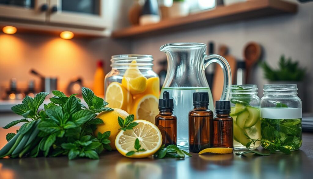 A cozy kitchen counter, filled with a variety of natural ingredients for homemade mouthwash. Fresh mint leaves, lemon slices, and jars of essential oils sit alongside a glass pitcher, hinting at the healthy, aromatic concoctions to be created. Warm, indirect lighting illuminates the scene, casting a soothing glow. The overall atmosphere is one of simplicity, wellness, and a touch of rustic charm - a visual invitation to explore homemade solutions for oral health and freshness.