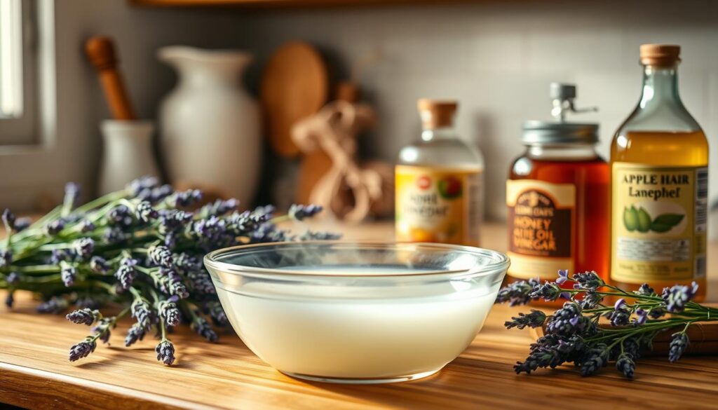 A cozy kitchen counter with fresh lavender sprigs, jars of essential oil, and a variety of hair care ingredients like honey, olive oil, and apple cider vinegar. Warm lighting casts a soft glow, illuminating the gentle steam rising from a bowl of nourishing hair treatment. The scene exudes a sense of homemade wellness, inviting the viewer to explore natural remedies for healthy, vibrant hair. Soft focus and a shallow depth of field draw the eye to the center of the frame, emphasizing the artisanal, handcrafted essence of the homemade lavender hair recipes.
