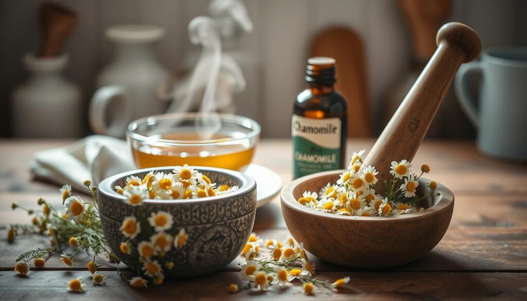 A cozy kitchen scene with a wooden table, fresh chamomile flowers, and a bottle of chamomile essential oil. In the foreground, a mortar and pestle grind the chamomile, releasing its fragrant aroma. Behind, a small bowl of homemade chamomile tea, steam rising gently. Soft, natural lighting illuminates the scene, creating a calming, domestic atmosphere. Subtle, earthy tones predominate, with pops of yellow from the chamomile blossoms. The overall impression is one of simplicity, warmth, and the nurturing power of natural remedies.