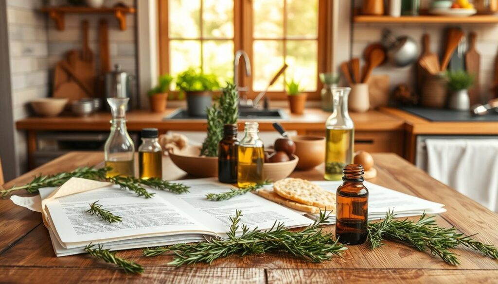 A cozy kitchen scene with natural lighting and a rustic atmosphere. On a wooden table, a variety of homemade recipes are displayed, surrounded by fresh sprigs of rosemary, glass bottles filled with rosemary essential oil, and various cooking utensils. In the background, a window overlooking a lush garden casts a warm glow over the scene. The overall mood is one of domestic tranquility and the celebration of natural, healthy ingredients.