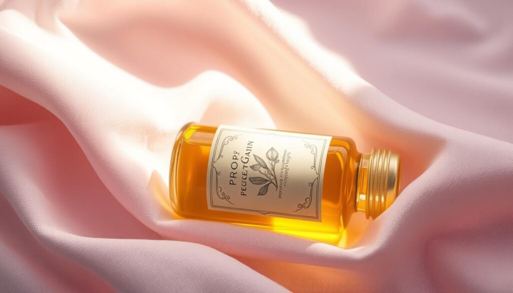 A delicate glass bottle filled with golden-hued essential oil of petitgrain, nestled on a soft, pale pink cloth. The bottle's intricate label features a botanical illustration of the petitgrain plant. Dappled sunlight gently illuminates the scene, casting subtle shadows and highlighting the oil's natural luminescence. The composition evokes a sense of tranquility and wellness, inviting the viewer to experience the restorative properties of this versatile skin care ingredient.