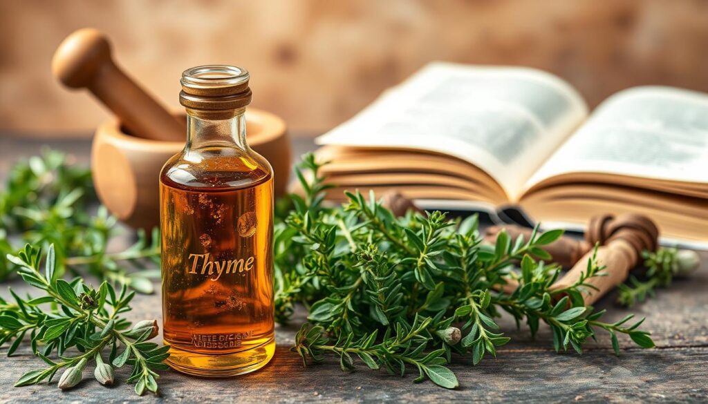 A detailed still life capturing the benefits of thyme essential oil for health. Foreground features a glass bottle of rich, golden thyme oil with droplets on the surface, accompanied by fresh green thyme sprigs and leaves scattered artfully. Middle ground showcases an assortment of wellness-related elements such as a mortar and pestle, a open book, and a few medicinal herbs. Background is a warm, earthy tone with soft natural lighting, conveying a sense of tranquility and herbal remedy. The overall composition highlights the natural, therapeutic qualities of thyme oil in a thoughtful, elegant manner.