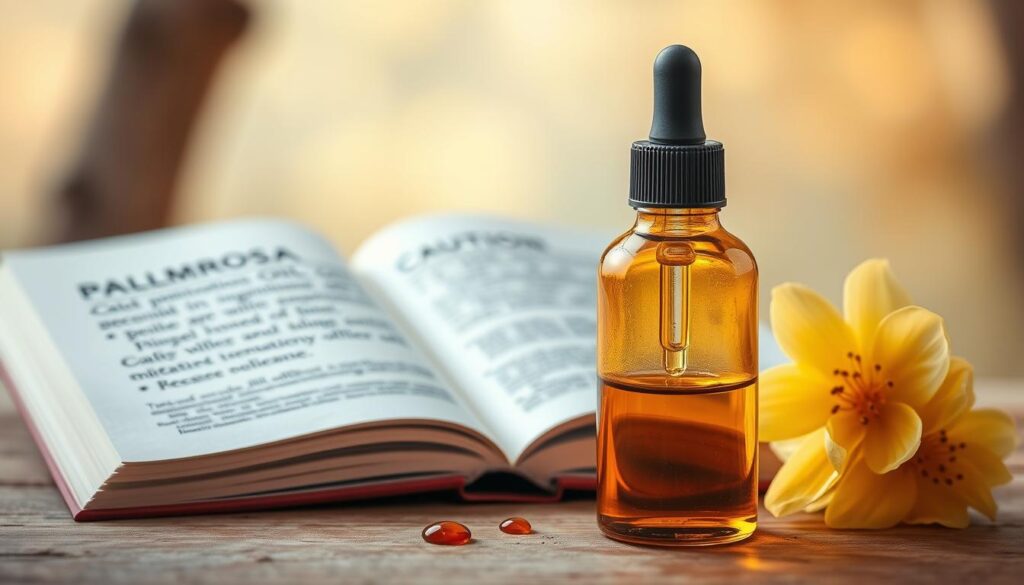 A detailed still life scene of precautionary measures when using palmarosa essential oil. In the foreground, a glass bottle with a pipette dropper and a few drops of the amber-colored oil. In the middle ground, an open book with pages displaying cautionary information about palmarosa oil, perhaps highlighting contraindications or safe usage guidelines. The background features a serene, warm-toned natural setting with soft, diffused lighting, suggesting the healing and therapeutic nature of the essential oil. The overall mood is one of careful consideration and responsible use of this potent botanical extract.