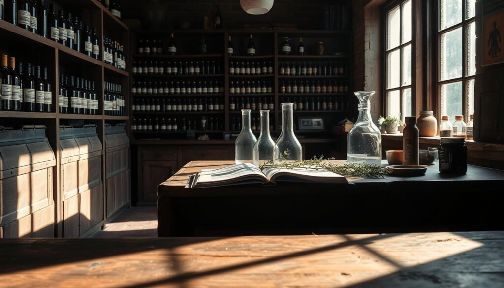 A dimly lit apothecary workshop, with shelves of essential oil bottles and jars lining the walls. On a worn wooden table, a set of glass beakers, an open book, and a few sprigs of fresh juniper. Soft natural light filters through a nearby window, casting shadows across the scene. The atmosphere is one of careful study and contemplation, underscoring the importance of proper handling and precautions when working with essential oils. The overall mood is one of reverence and attention to detail, befitting the serious subject matter.