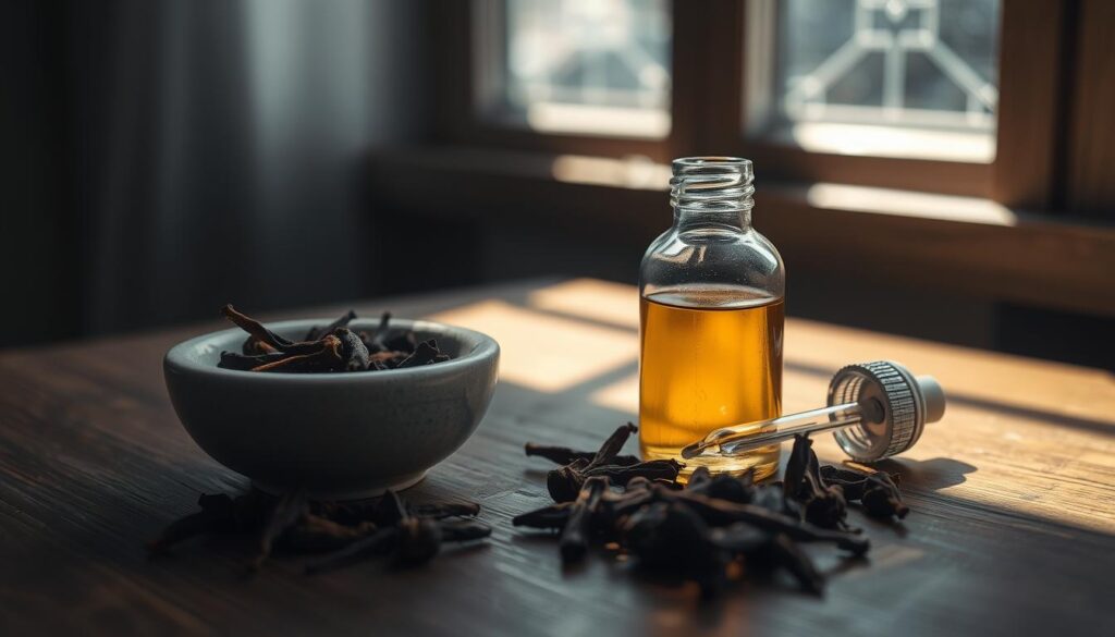 A dimly lit wooden table displaying an open glass bottle of clove essential oil, a mortar with dried cloves, and a small glass dropper. Soft natural lighting filters in through a window, casting subtle shadows. The scene evokes a sense of tranquility and thoughtful preparation, inviting the viewer to consider the potent yet delicate nature of this aromatic botanical. The overall composition highlights the importance of responsible use and careful handling when working with clove essential oil.