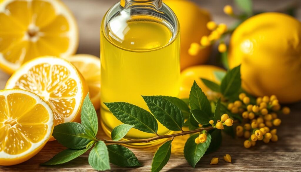 A glass bottle filled with a vibrant yellow liquid, surrounded by freshly cut lemon slices, lemon leaves, and a sprig of lemon verbena. Soft, diffused natural lighting illuminates the scene, casting gentle shadows and highlighting the translucent quality of the essential oil. The image conveys a sense of calm, purity, and the refreshing aroma of lemon, inviting the viewer to experience the therapeutic benefits of lemon essential oil in an aromatherapy setting.