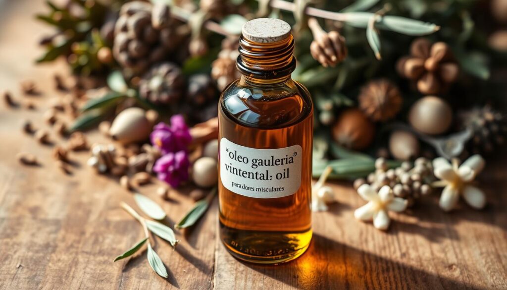 A glass bottle filled with amber-colored wintergreen essential oil, resting on a wooden surface. The bottle has a simple label with the Portuguese text "óleo gaultéria para dores musculares". Soft, warm lighting illuminates the scene, casting gentle shadows and highlighting the viscosity and clarity of the oil. In the background, an assortment of dried herbs, leaves, and flowers typical of a natural apothecary setting create a soothing, herbal atmosphere. The overall composition conveys the natural, therapeutic nature of the wintergreen oil and its intended use for relieving muscle aches and pains.