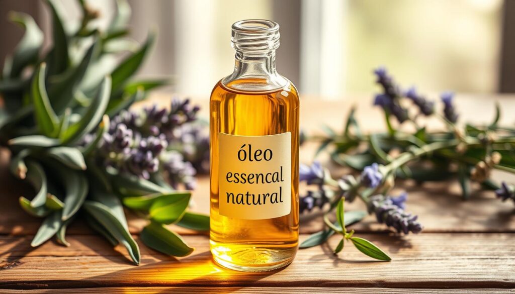 A glass bottle filled with clear, golden-hued natural essential oil, placed on a wooden table in soft, natural lighting. The bottle has a simple label with the Portuguese text "óleo essencial natural" printed in a classic serif font. The table is surrounded by fresh sage leaves, sprigs of lavender, and other aromatic botanicals, creating a calming, spa-like atmosphere. The image has a warm, earthy tone, conveying the purity and therapeutic benefits of this natural aromatherapy product.